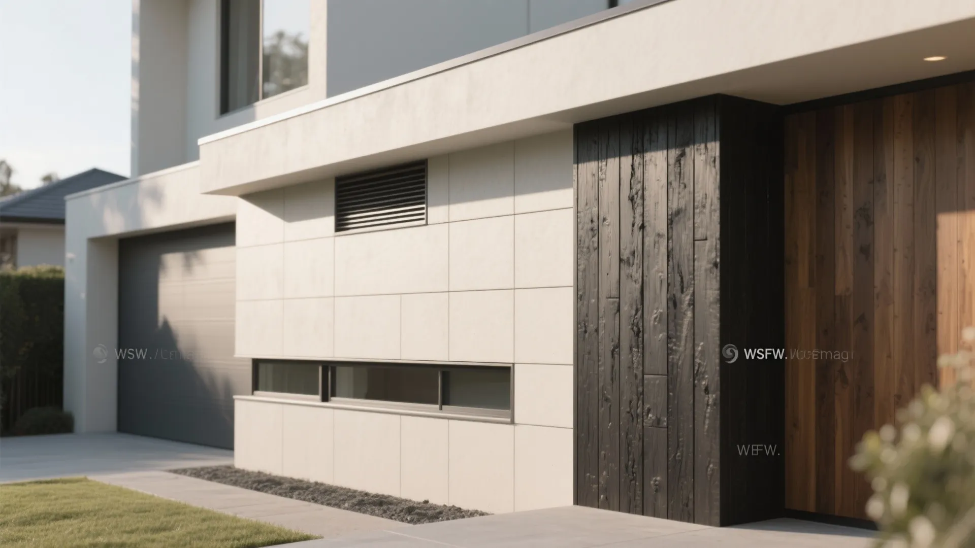 Modern house exterior design with white wall panel facade dark wood accents and glass windows