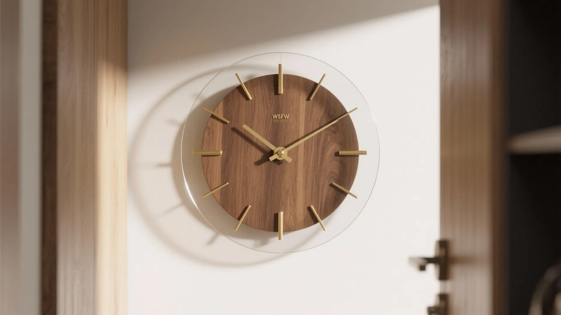 Round wooden wall clock with clear glass layer and gold hands mounted on white wall