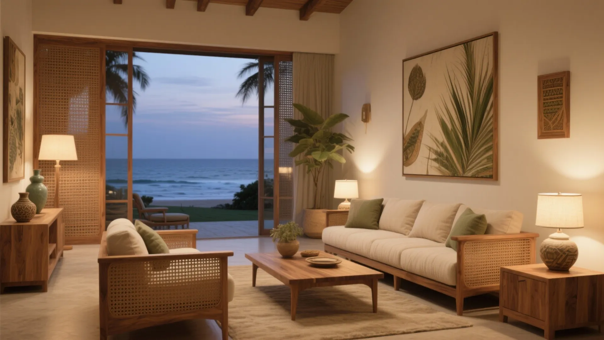 5) Layered coastal luxury: wood, weave, and light