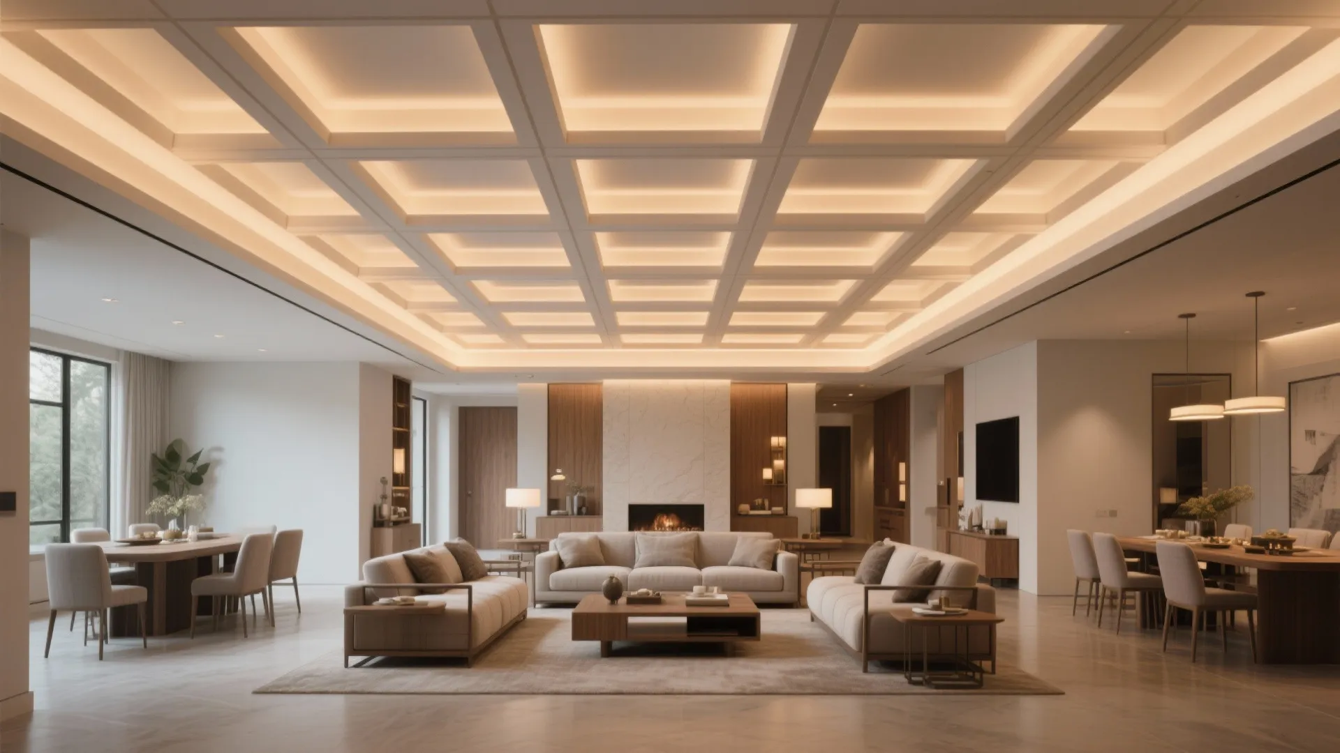 Modern living room with square ceiling light panels beige sofas wood tables and warm fireplace