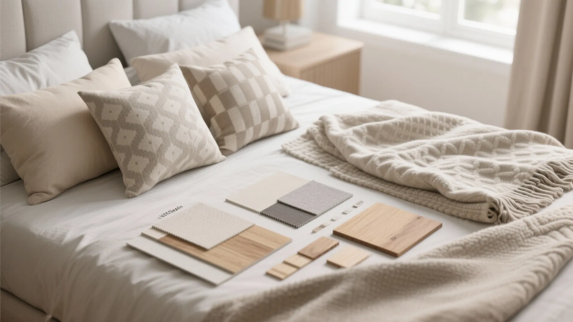 Soft beige bed with patterned pillows and various material samples for interior design color selection