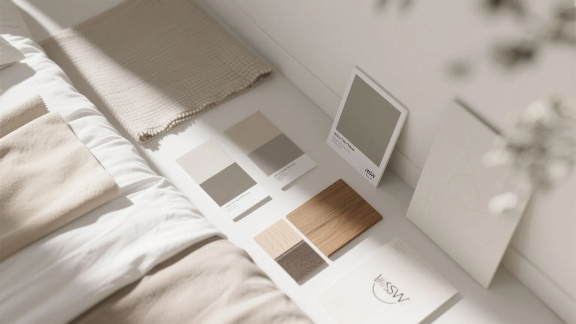 Interior design material samples including color cards and wood pieces on a white bedroom surface