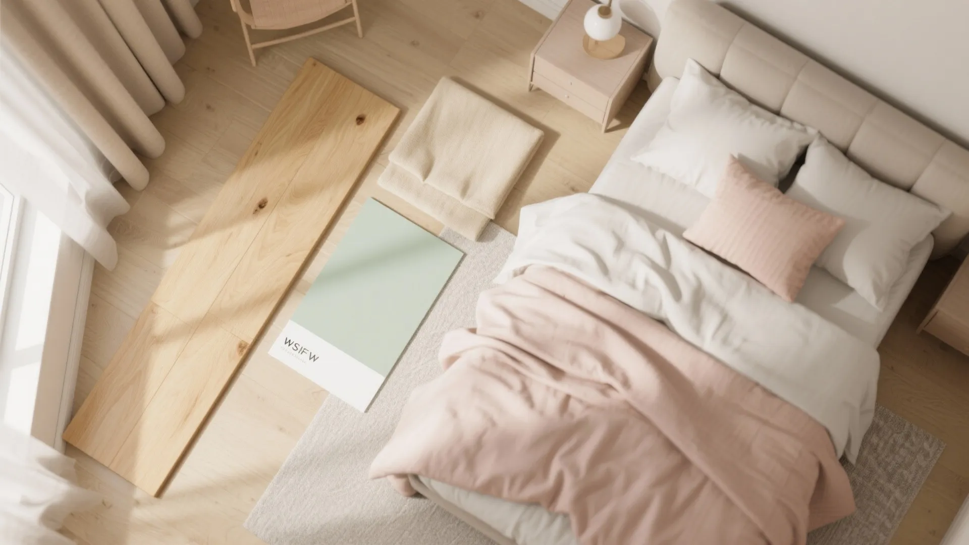 Top view bedroom showing pink bedding, light green color sample, and natural wood floor material