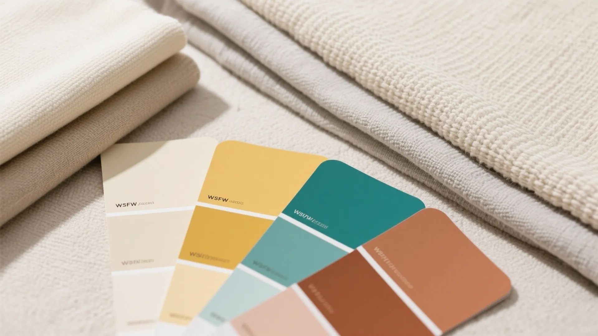 Interior design color swatches in yellow and teal placed on neutral fabric samples for home planning