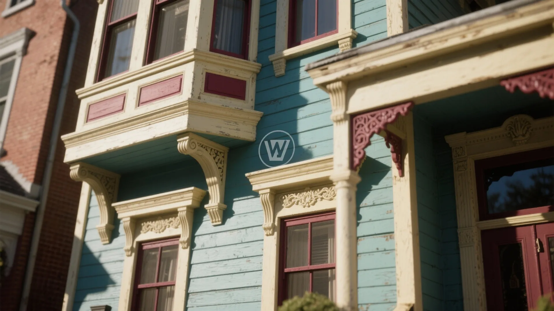 Blue wooden house exterior featuring yellow window frames and decorative wall brackets under the sun