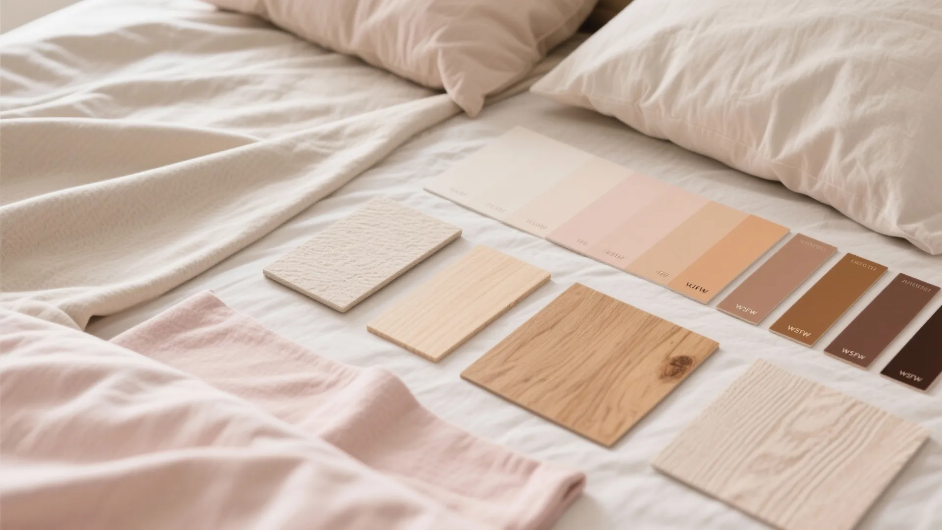 Interior design color palette and material samples including wood tiles and fabric placed on bed