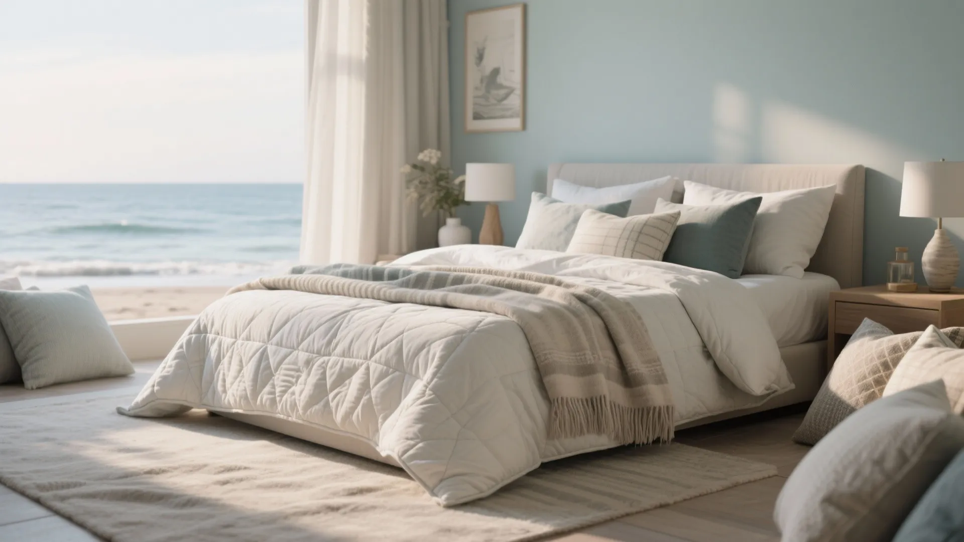 Coastal bedroom with blue walls, large window showing ocean view, white bed with many pillows