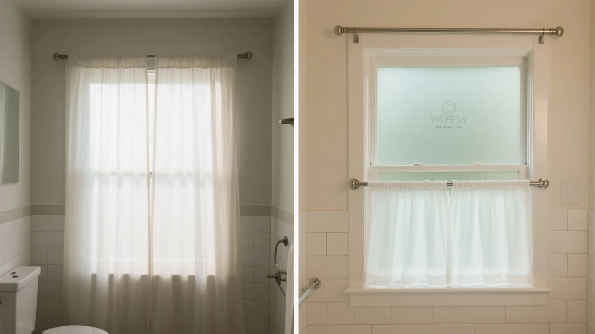 Before-and-after split view of layered privacy: sheer only versus sheer with frosted film on the lower third and a PEVA liner behind.