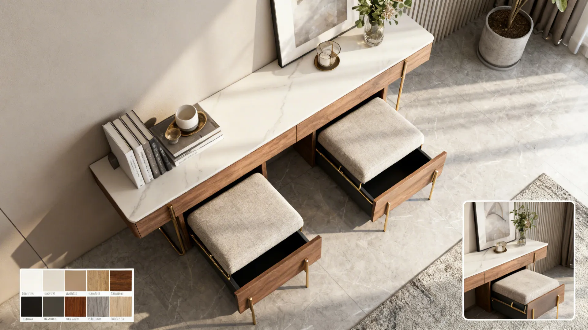 Narrow console with two stools tucked underneath, shown with material swatches and complementary finishes.