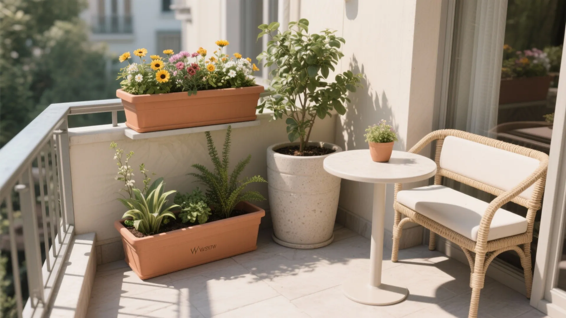Small balcony featuring colorful flowers in pots white round table and a comfortable wicker chair