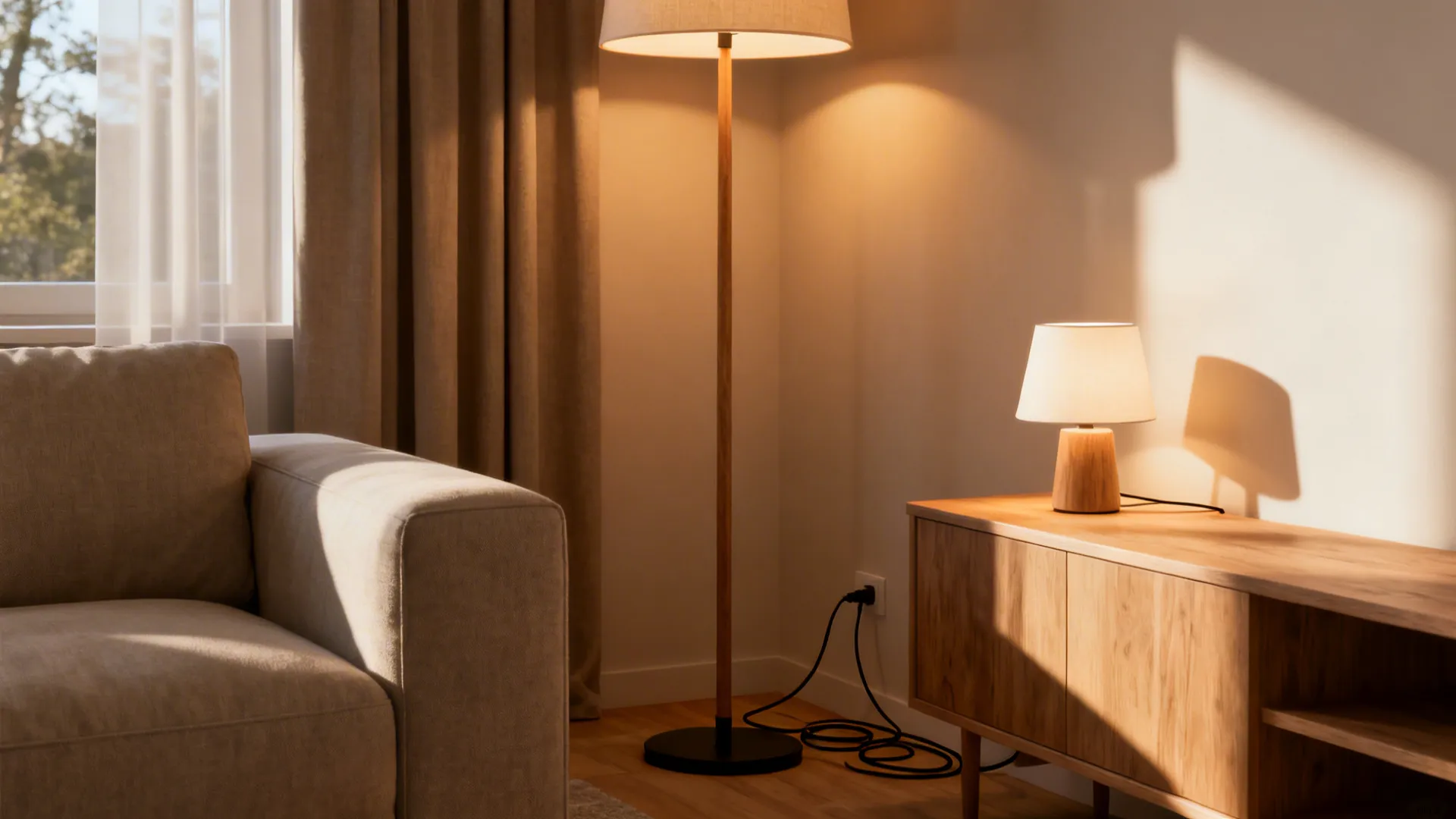 Corner of a living room with a tall floor lamp and a small table lamp creating layered ambient light.