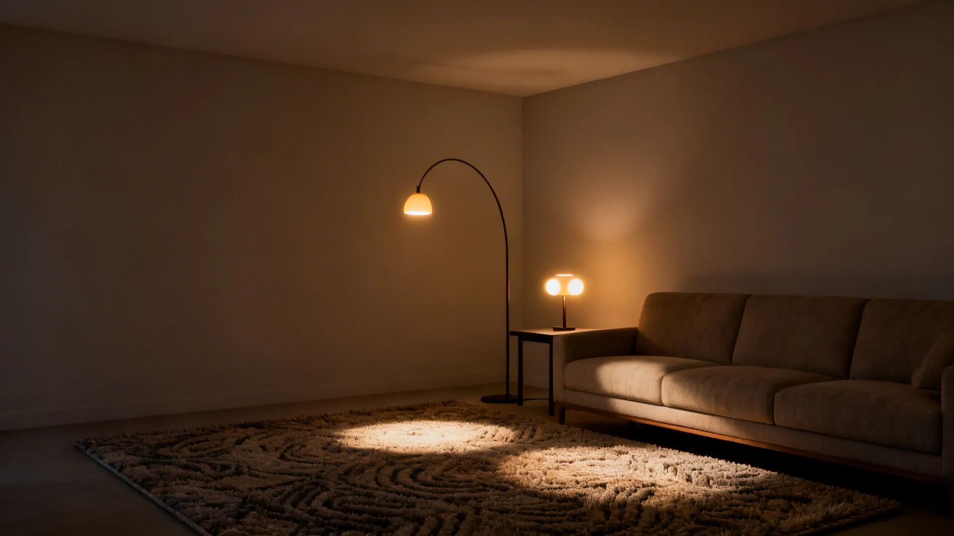 Living room corner with an arced floor lamp and a table lamp creating layered warm light for reading.