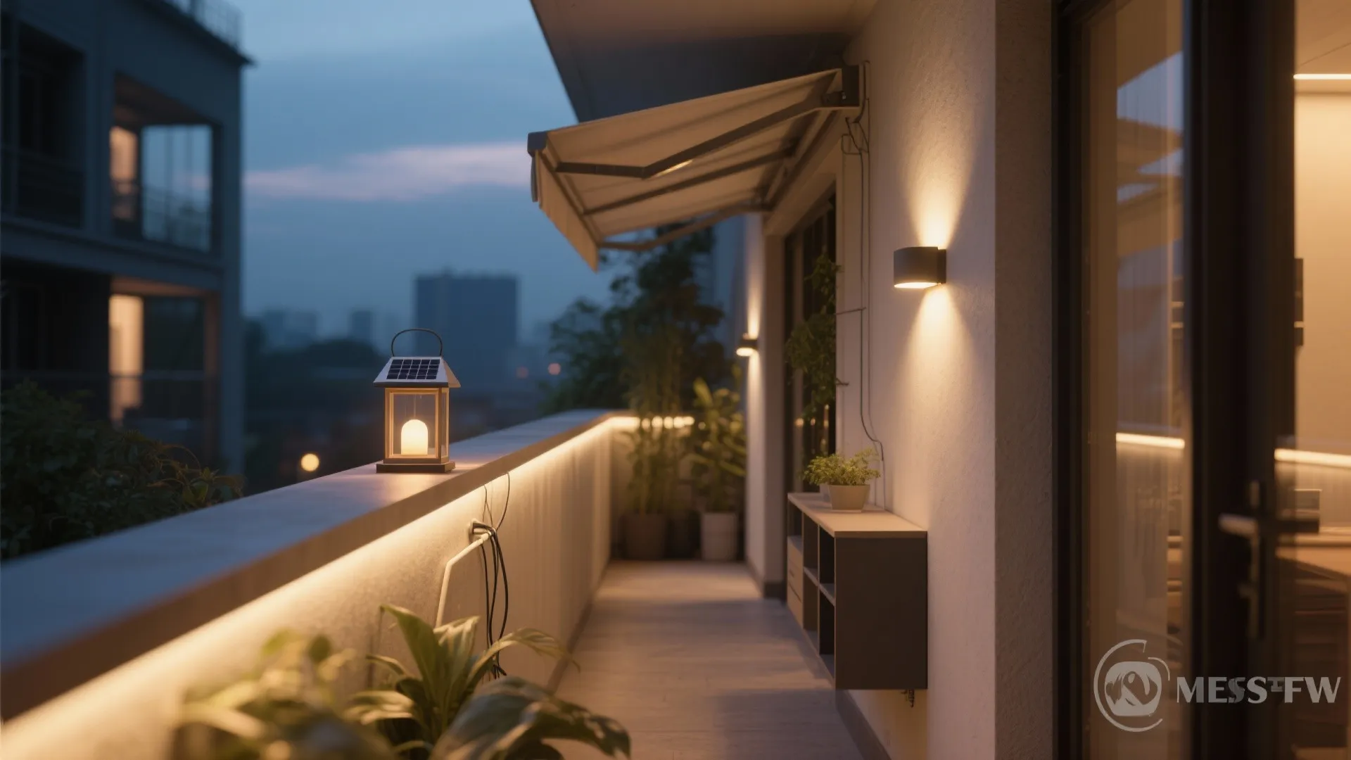 Cozy balcony at night with warm wall lights solar lantern plants and white retractable awning