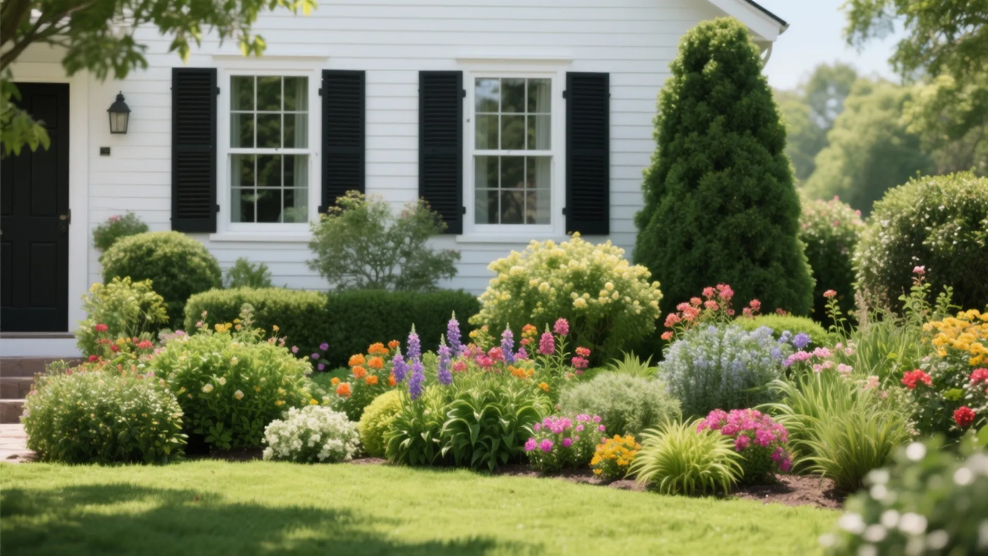 Layered landscaping with shrubs, blooms, and ground cover around cottage