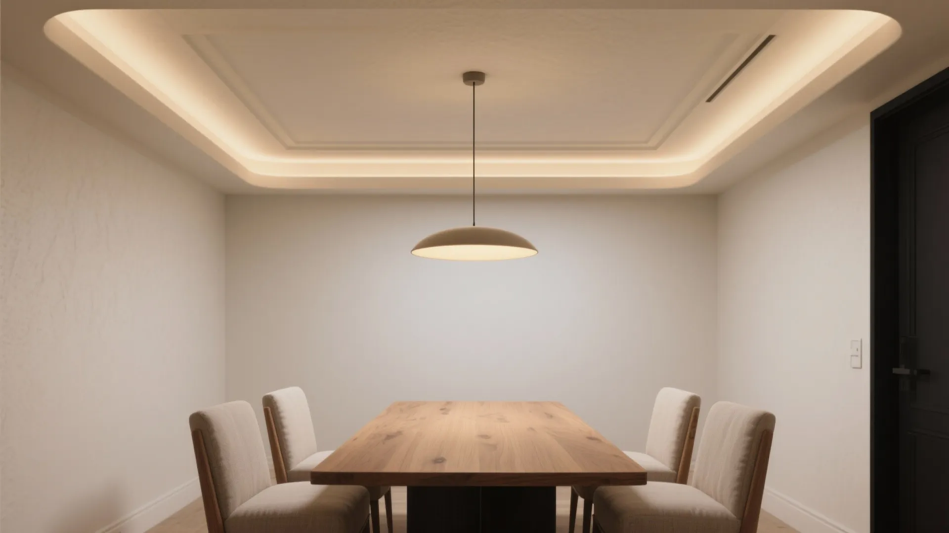Layered POP cove ceiling with hidden LED light rails creating a warm halo over a dining table in a modern home.