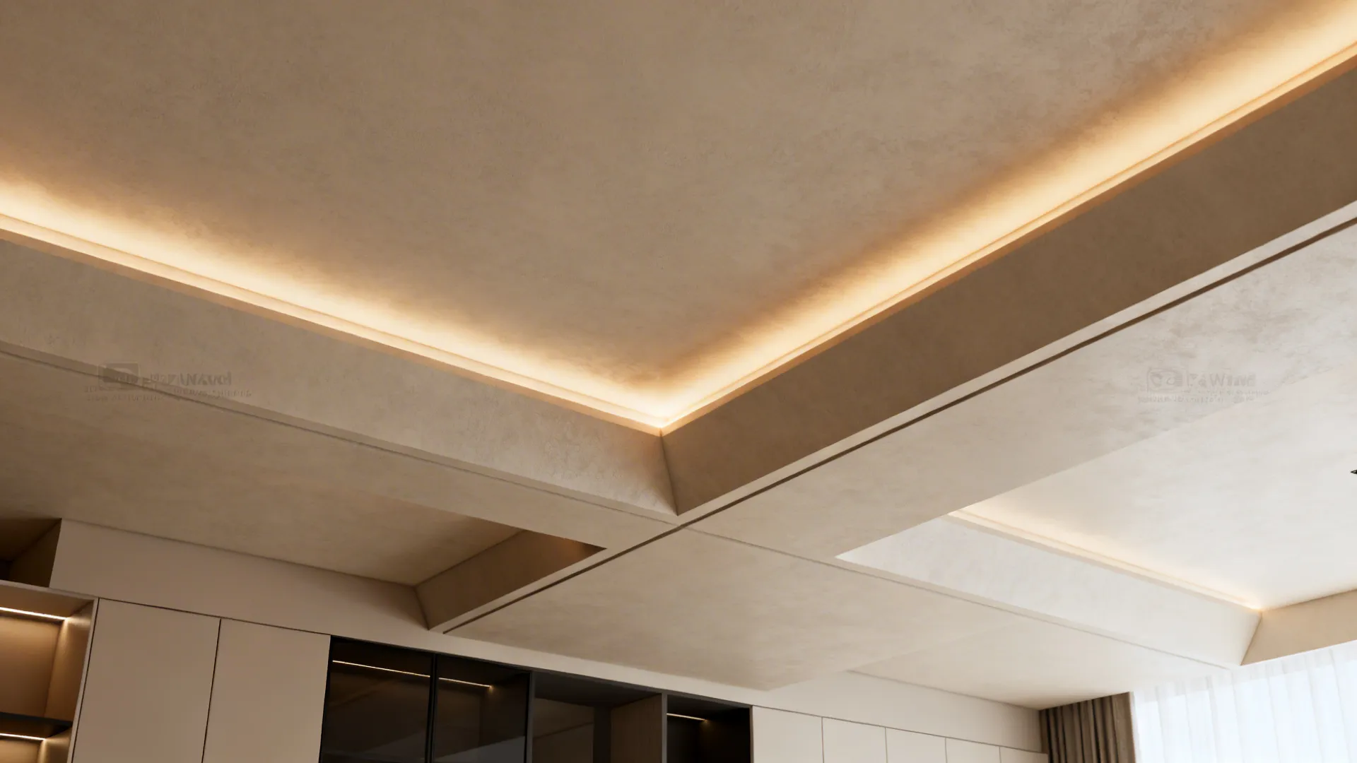 Modern layered ceiling design with warm hidden lights and simple wall panels in bright room