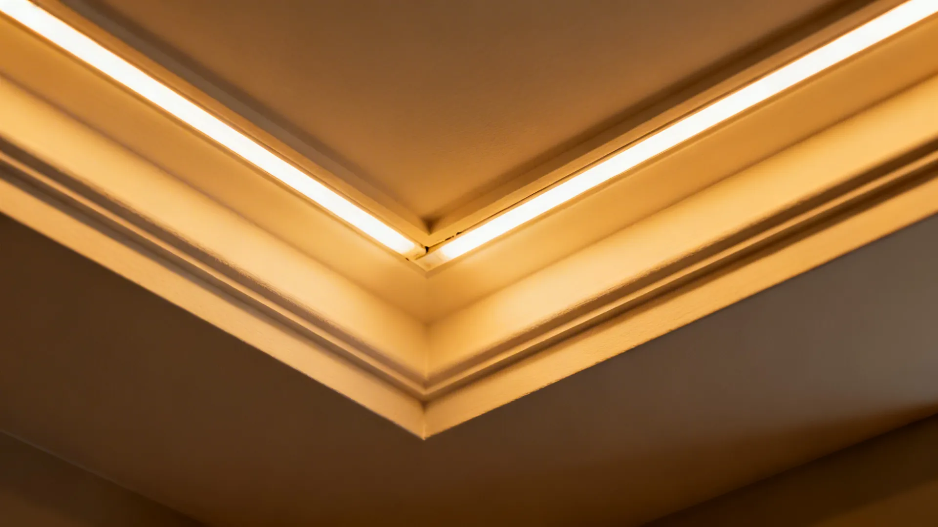 Close-up of a layered POP cove ceiling with warm LED strip creating a shadow line and cozy glow.