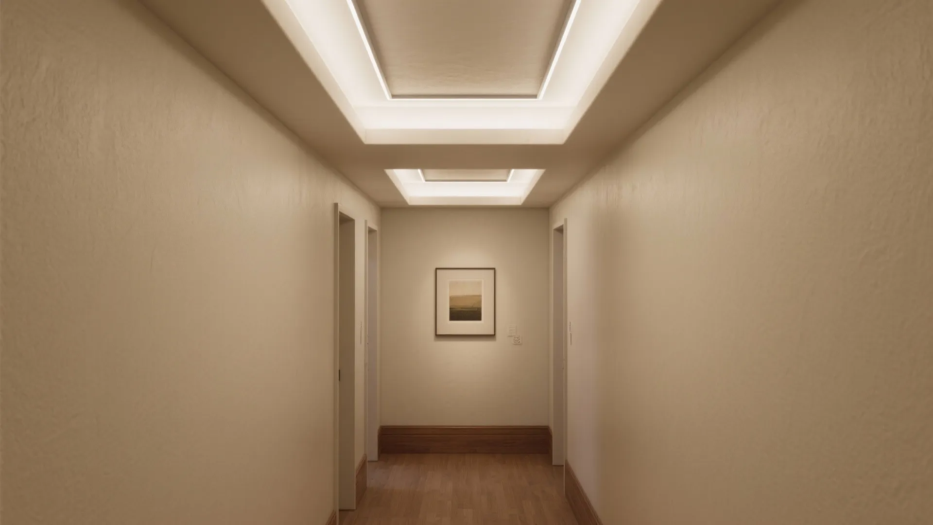 Minimalist hallway with recessed ceiling light fixtures warm beige walls wooden floor and framed wall art