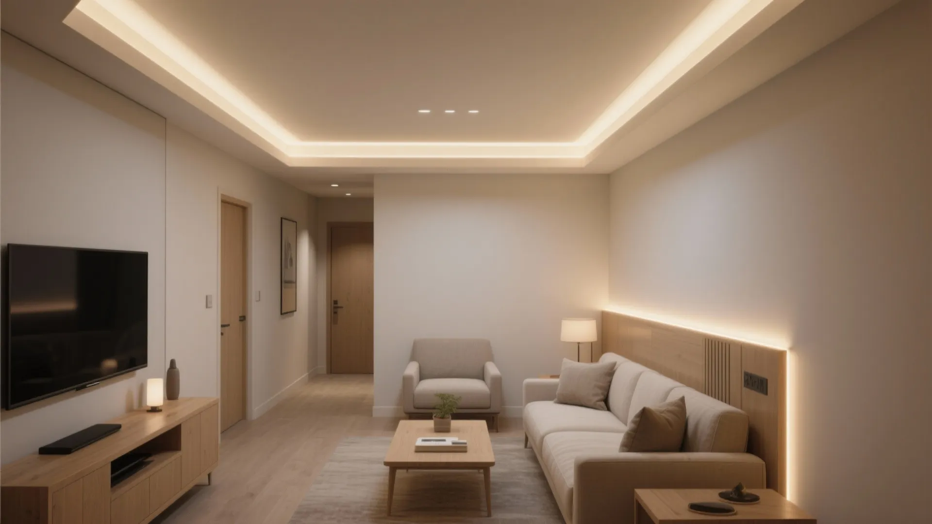 Cozy living room with recessed ceiling lighting wood tv cabinet white sofa and small table