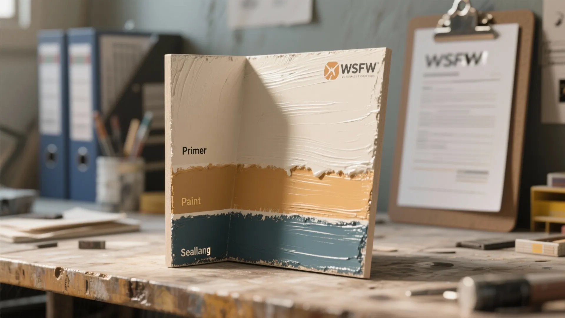 Sample board showing three layers of wall paint primer and sealant for interior home renovation