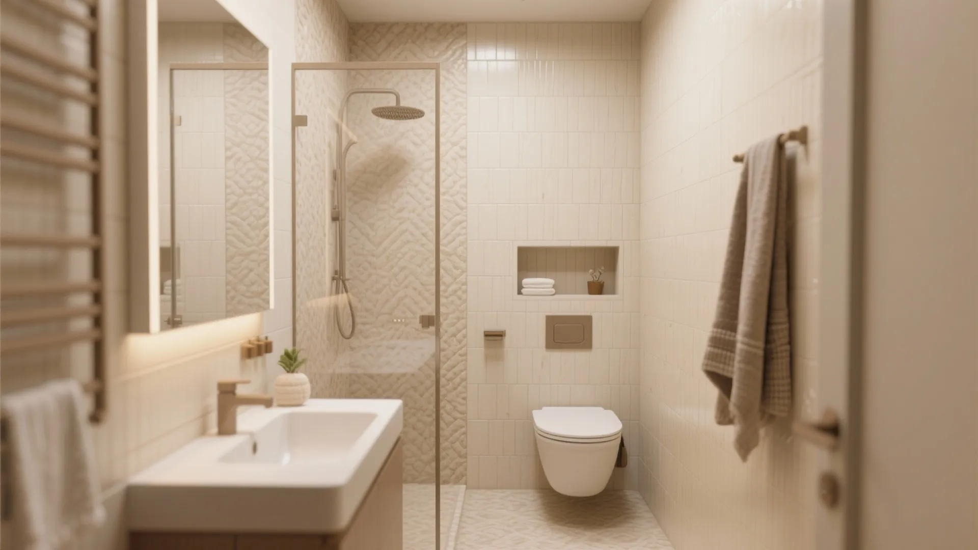 Modern cream bathroom with glass shower stall wall hung toilet white sink large mirror towels