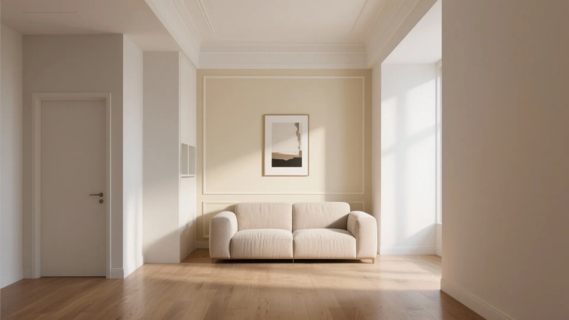 Cream living room with beige sofa wooden floor wall panel picture frame and bright sunlight
