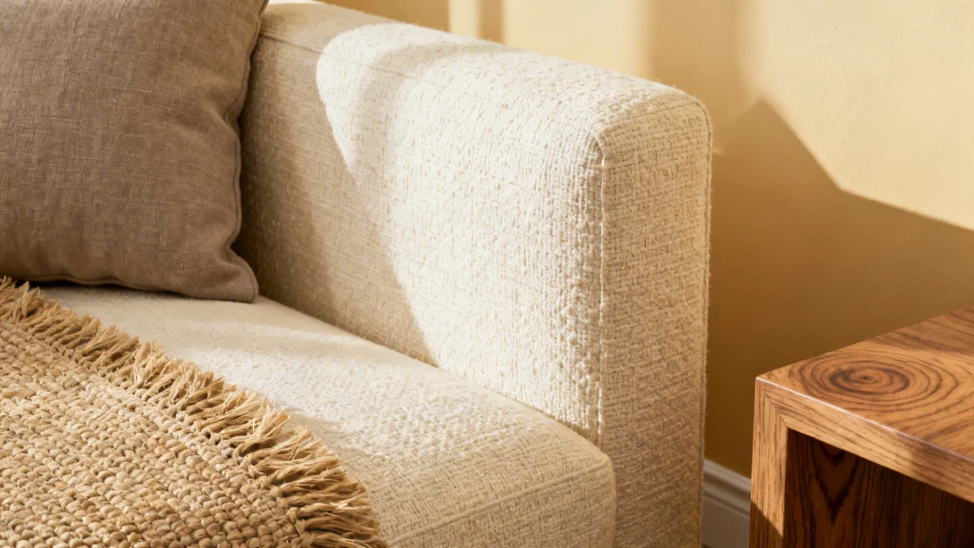Close-up of layered cream tones with textured rug, linen sofa and taupe cushion.