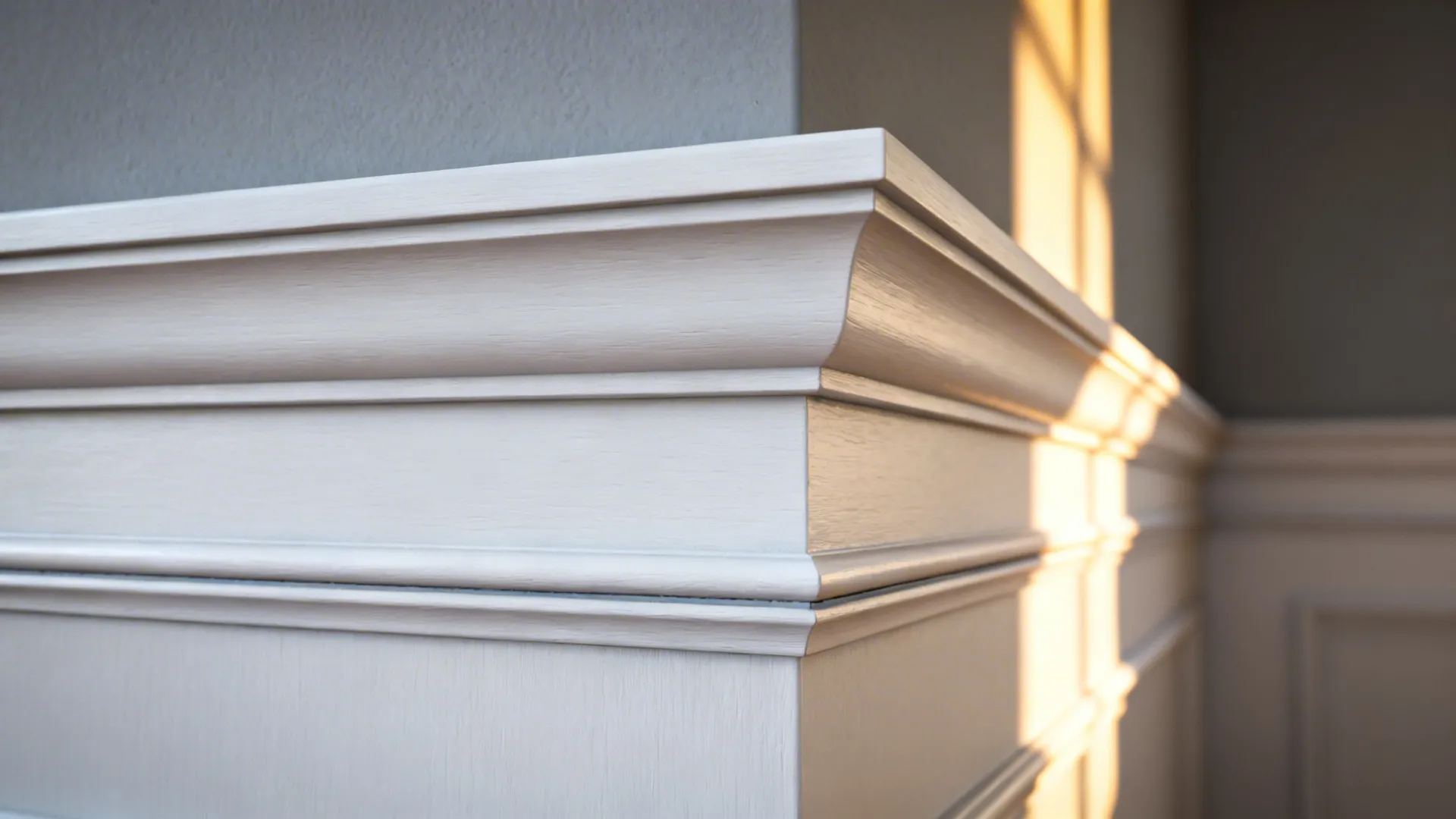 Close-up of layered crown molding showing cove and taller crown profile with clean paint finish.