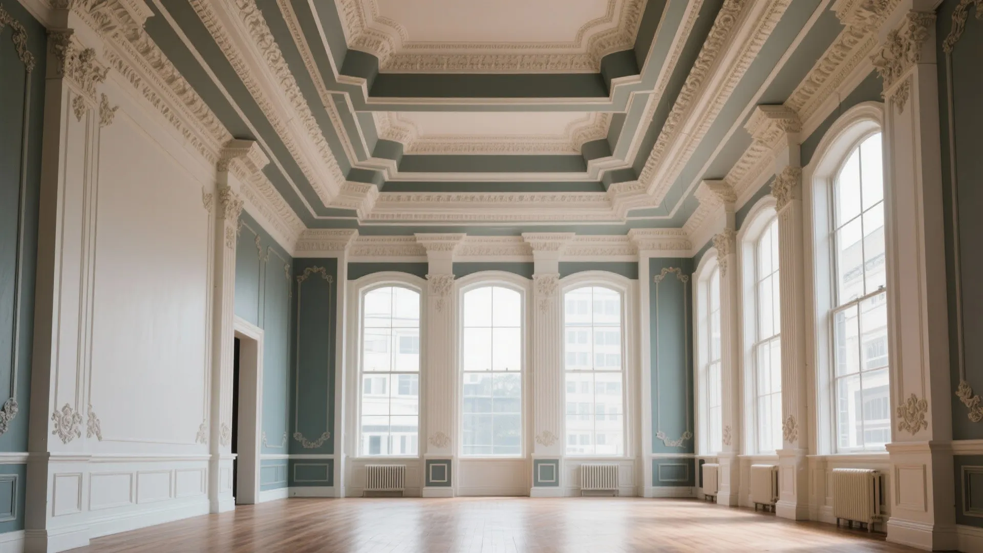 Large empty room with high decorative ceiling tall windows wooden floor and blue wall designs