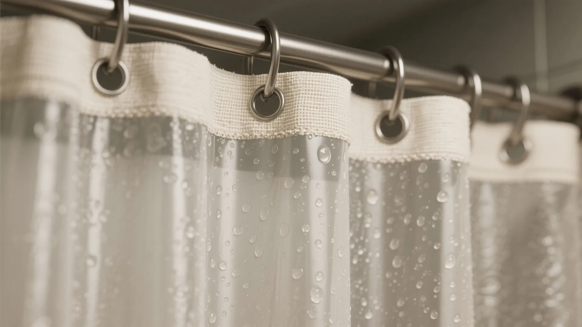 Clear plastic shower curtain with water droplets hanging from silver rod with round metal rings