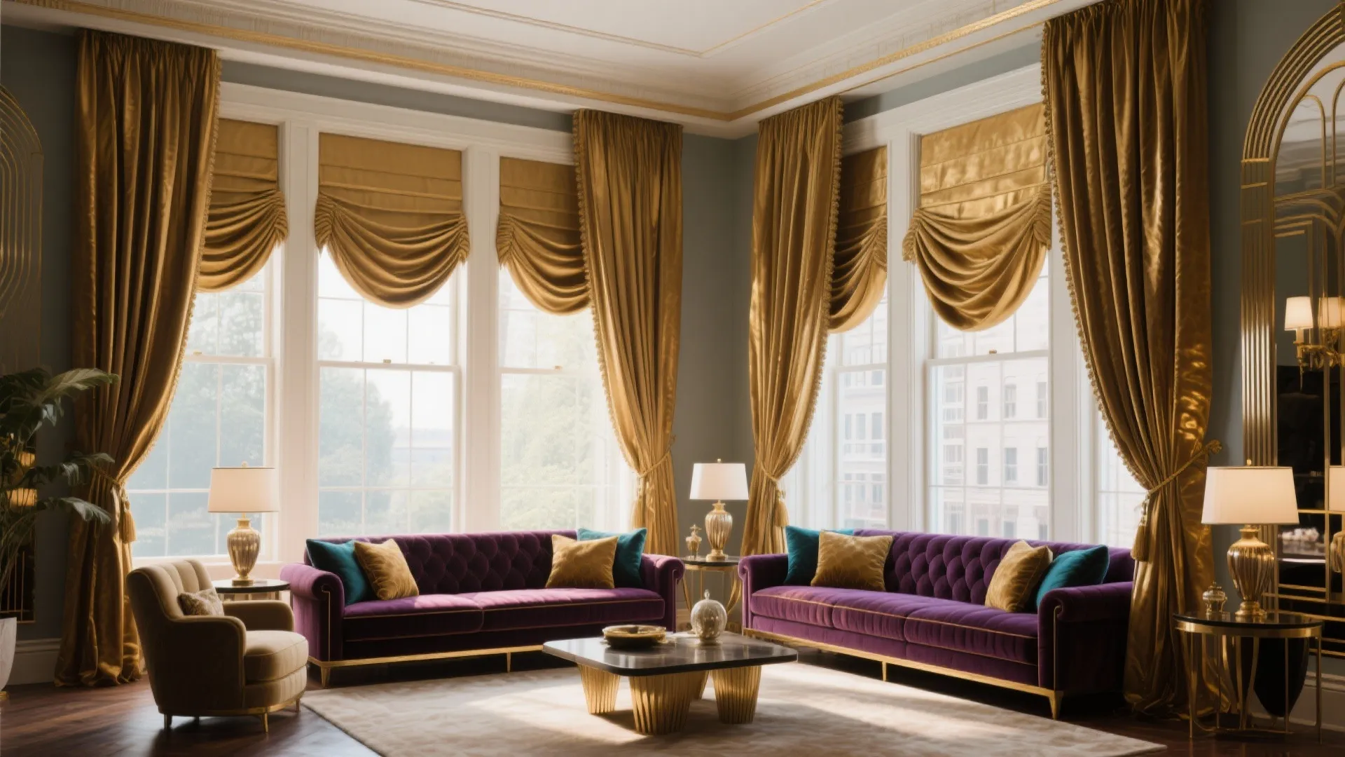 Art deco living room with layered blinds and curtains