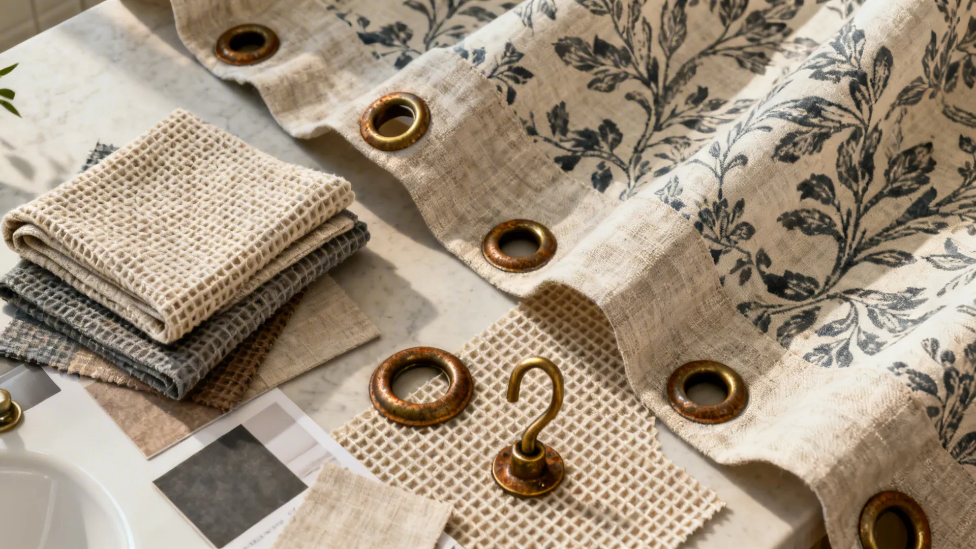 Flatlay of patterned outer shower curtain, waffle-weave liner, and hardware swatches.