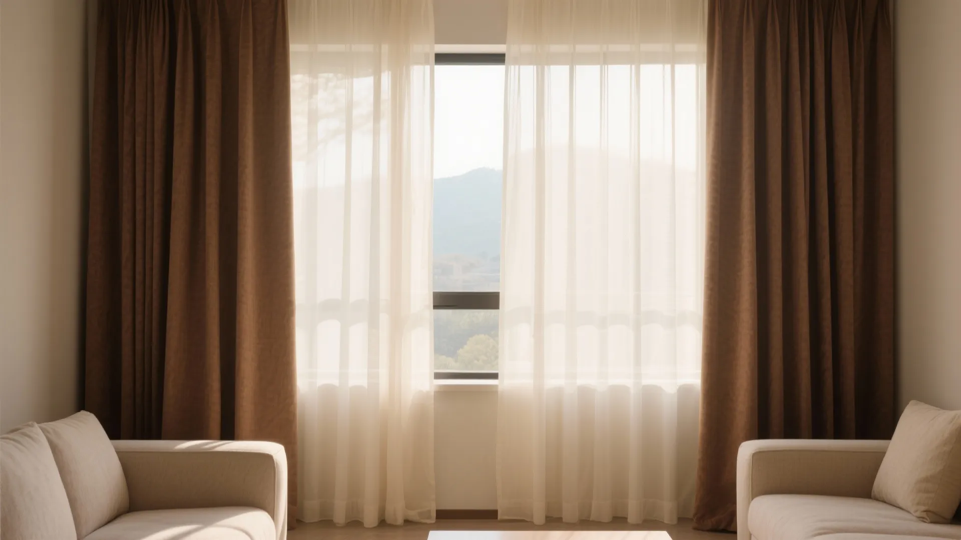 6. Layered Curtains in Cream Sheers and Brown Drapes