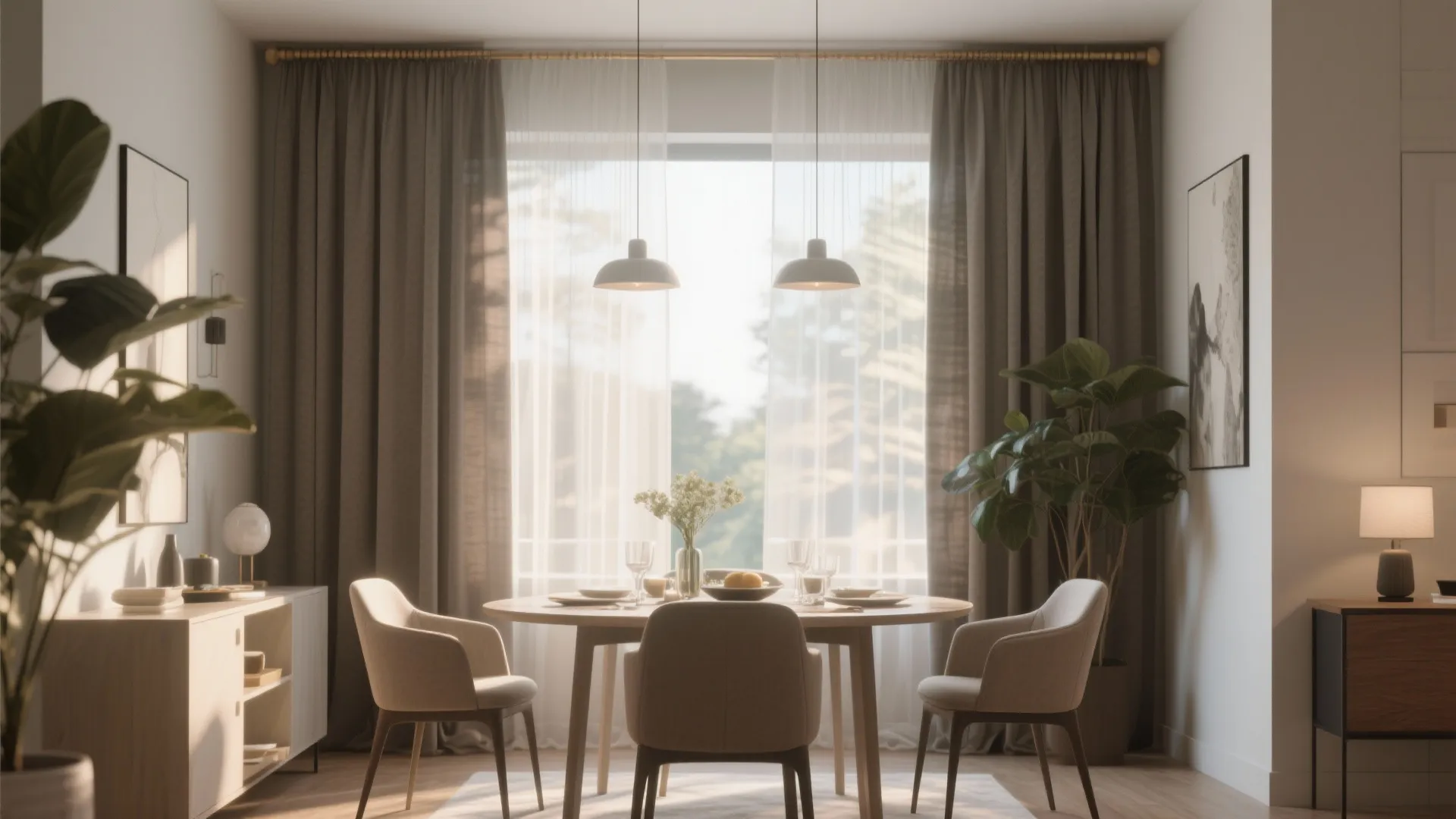 Dining room with layered sheer and solid curtains for versatile light control