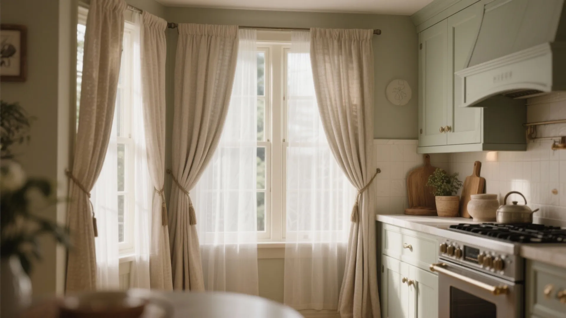 Layered sheer and heavy curtains on kitchen bay window