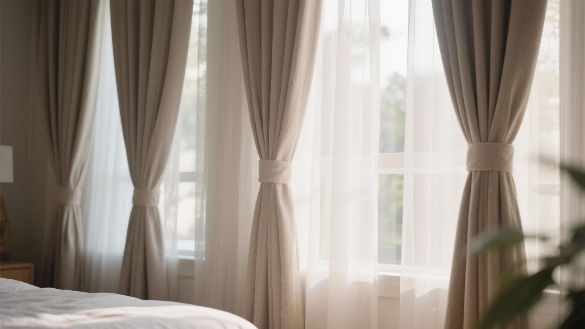 Light brown curtains and white sheer curtains hanging on large windows in a bright room