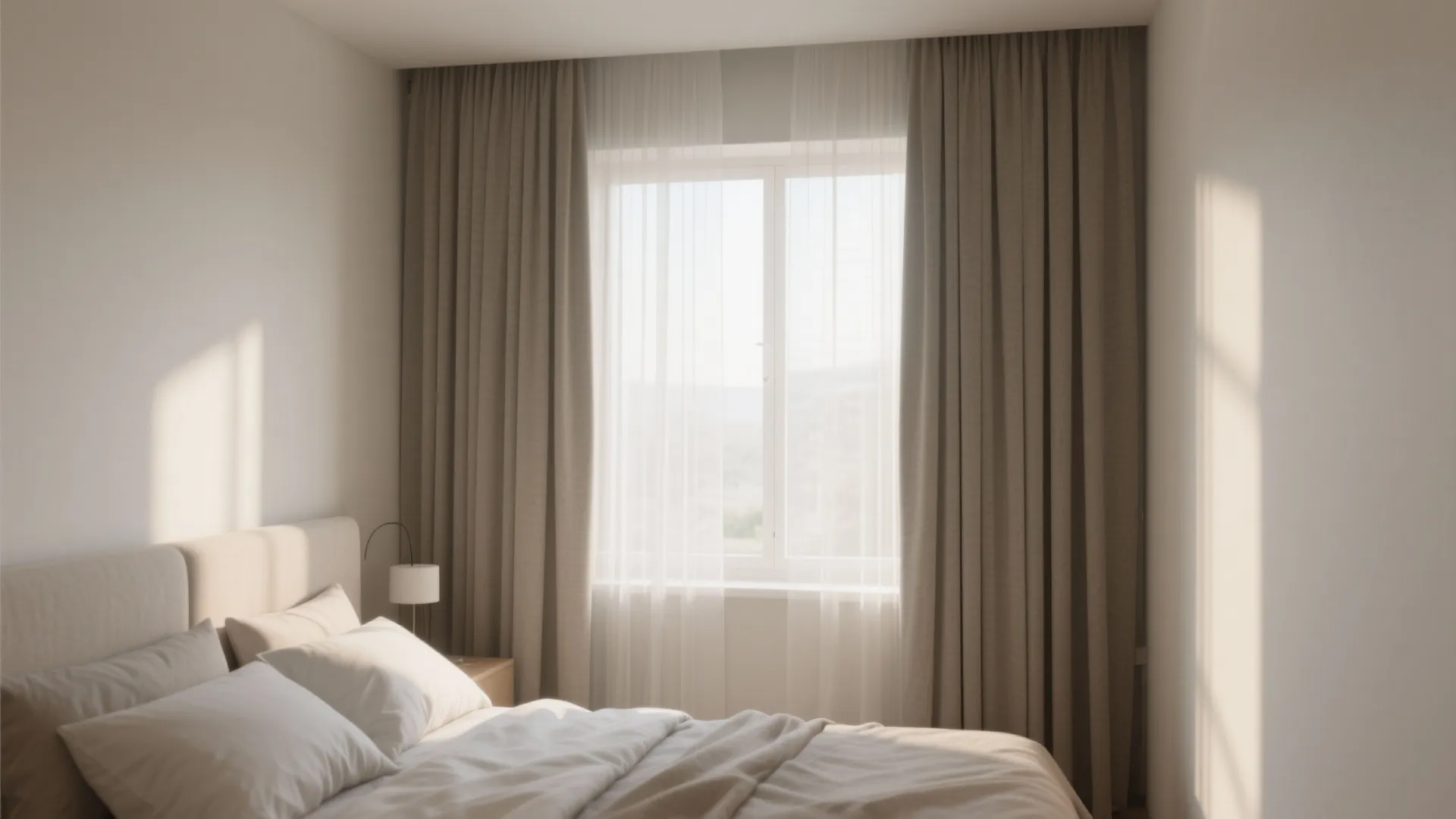Minimalist bedroom featuring beige curtains over window bed with white pillows and soft natural sunlight