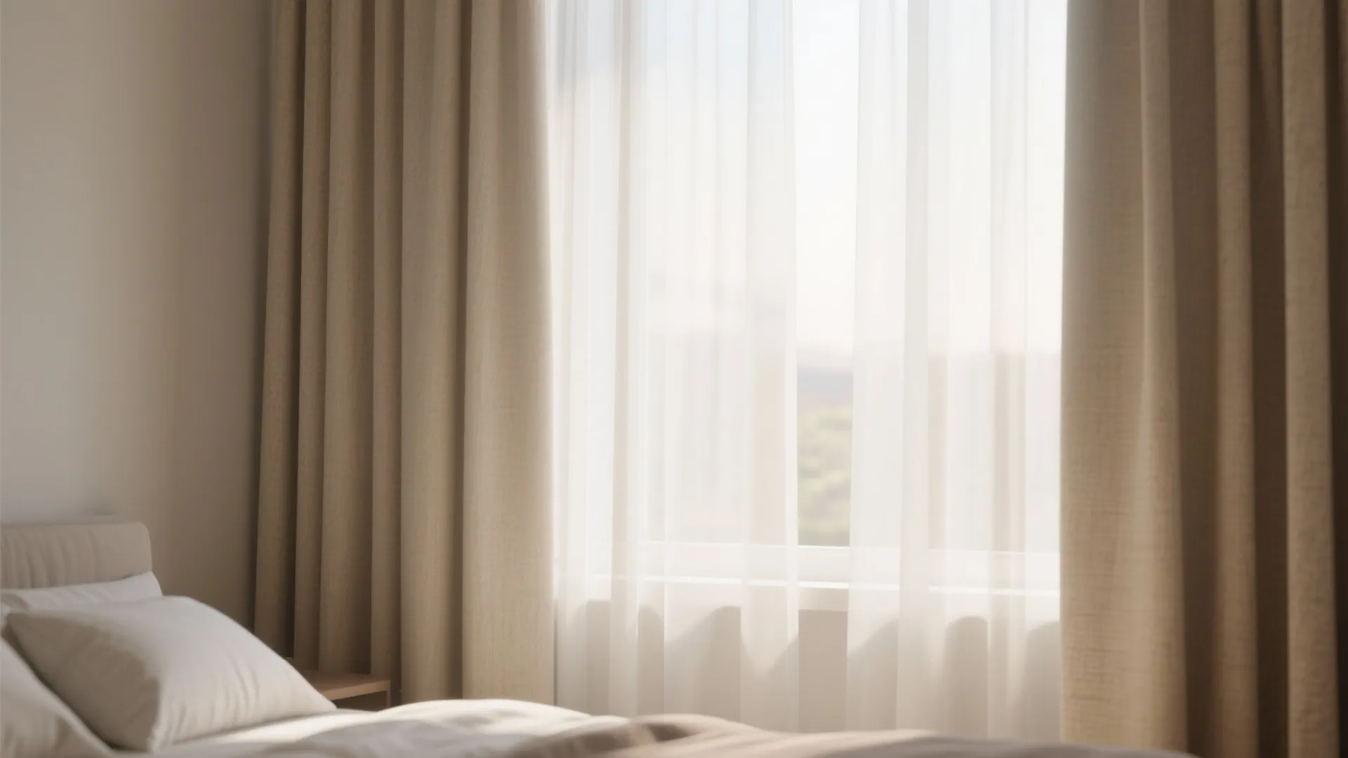 Beige curtains and white sheer curtains hanging over a bedroom window with soft morning light