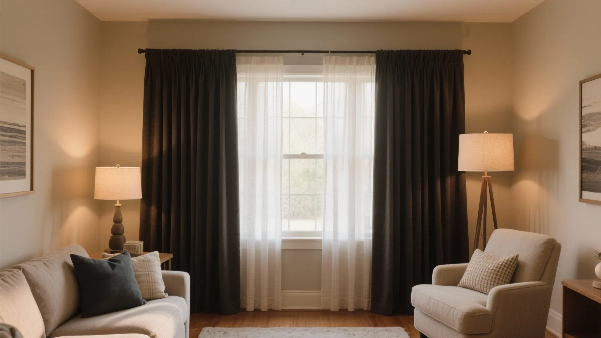 Cozy living room featuring double layer window curtains with dark fabric and white sheer material
