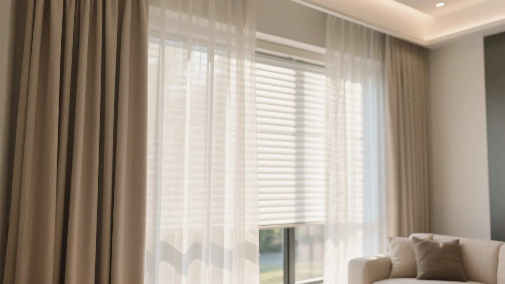 Layered sheer curtains over blinds filtering sunlight