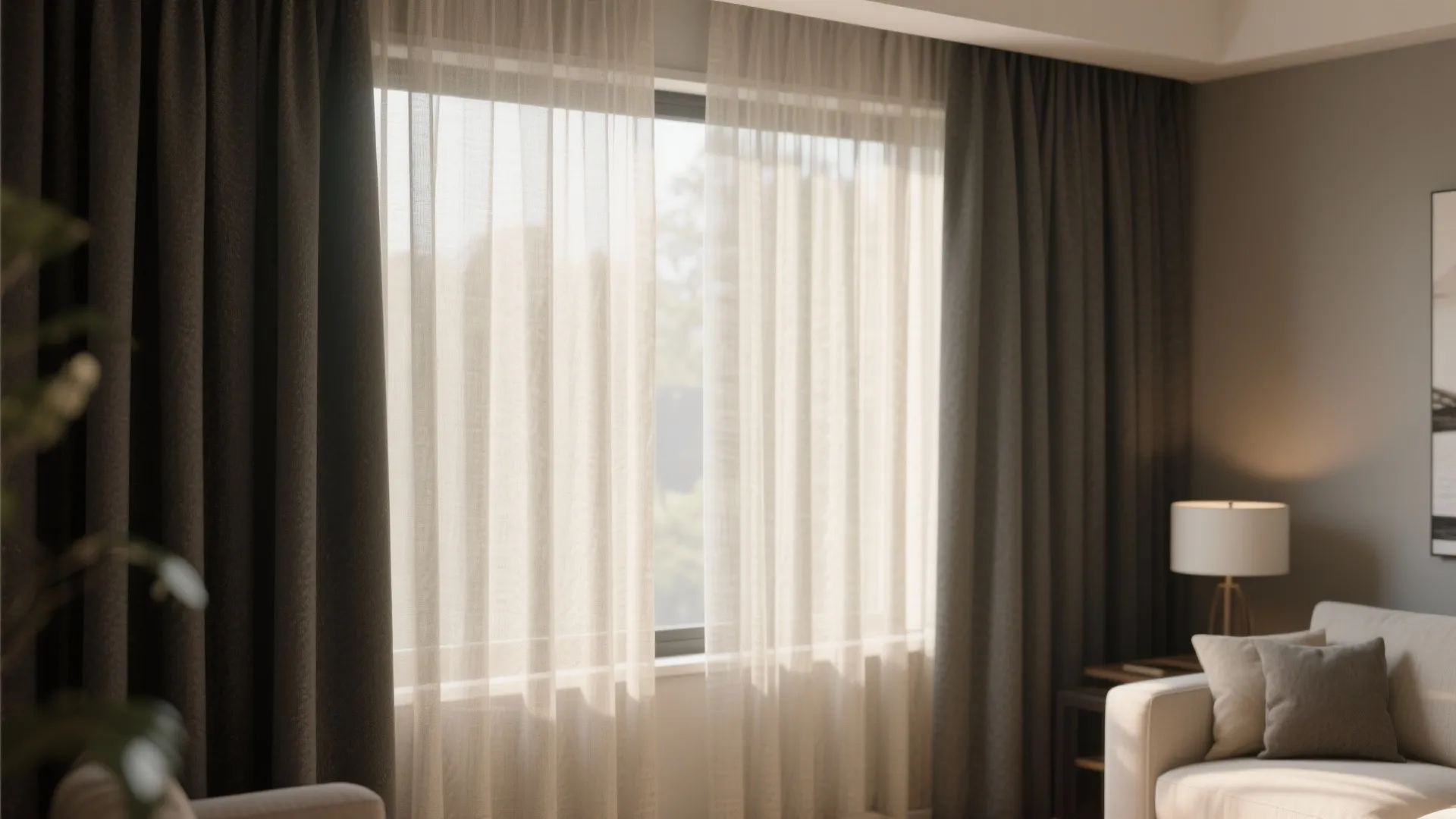 Neutral colored layered window curtains with thin white sheer fabric and dark grey blackout drapes