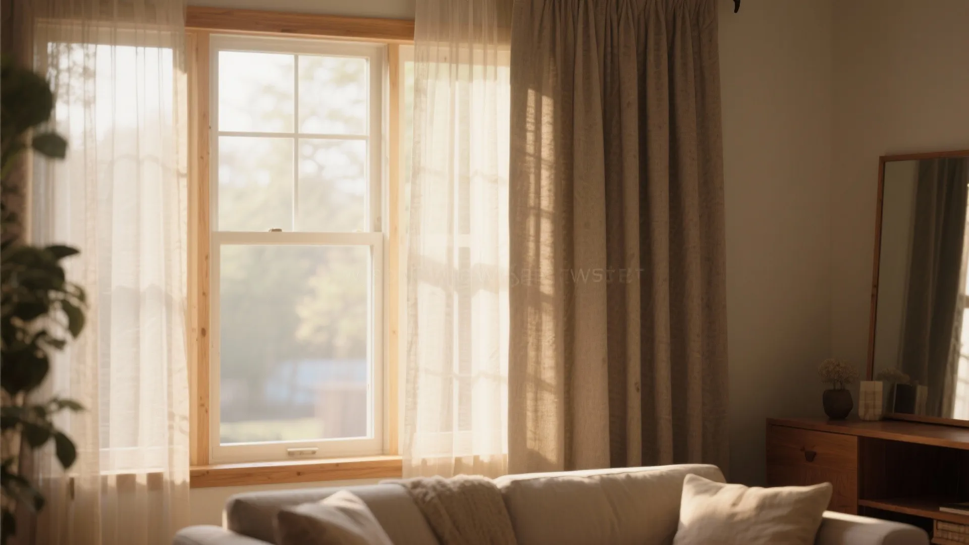 Large windows with brown curtain and white sheer fabric letting in warm afternoon sun light