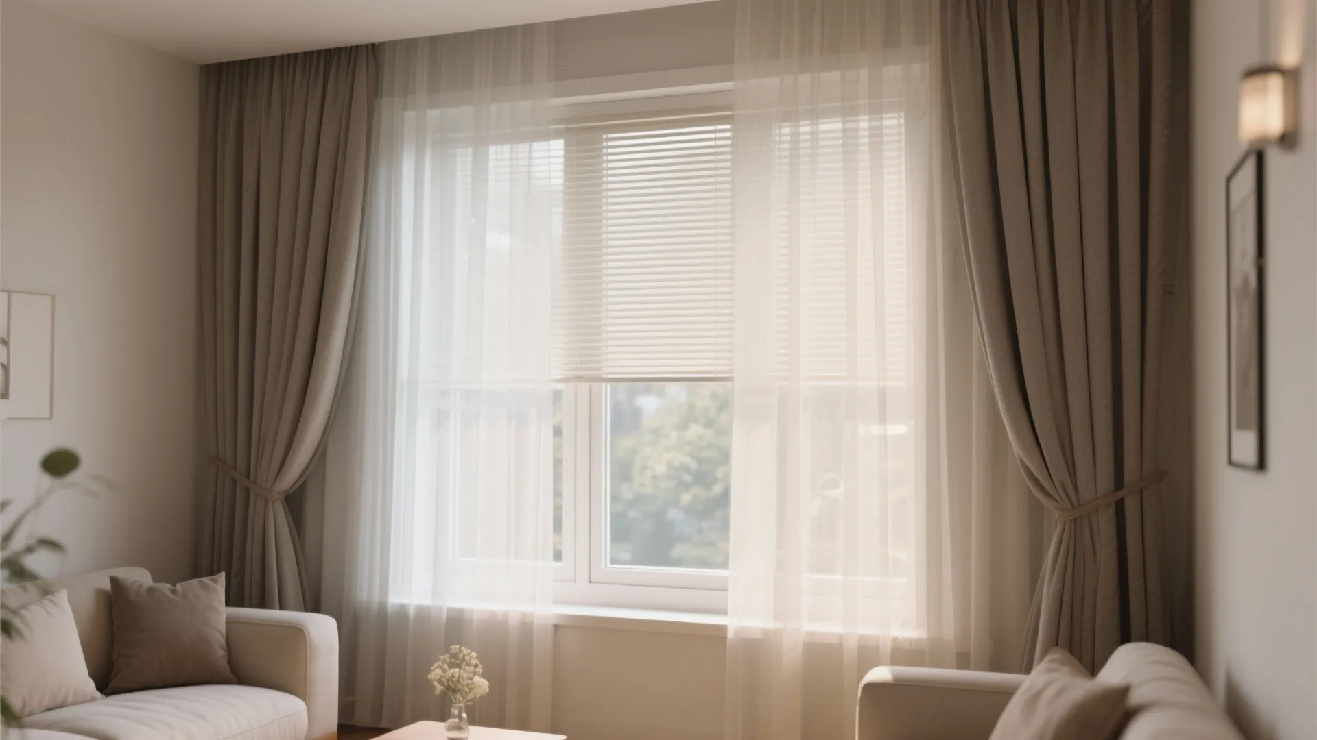 Living room window featuring white blinds, sheer white curtains, thick beige curtains, and white sofa