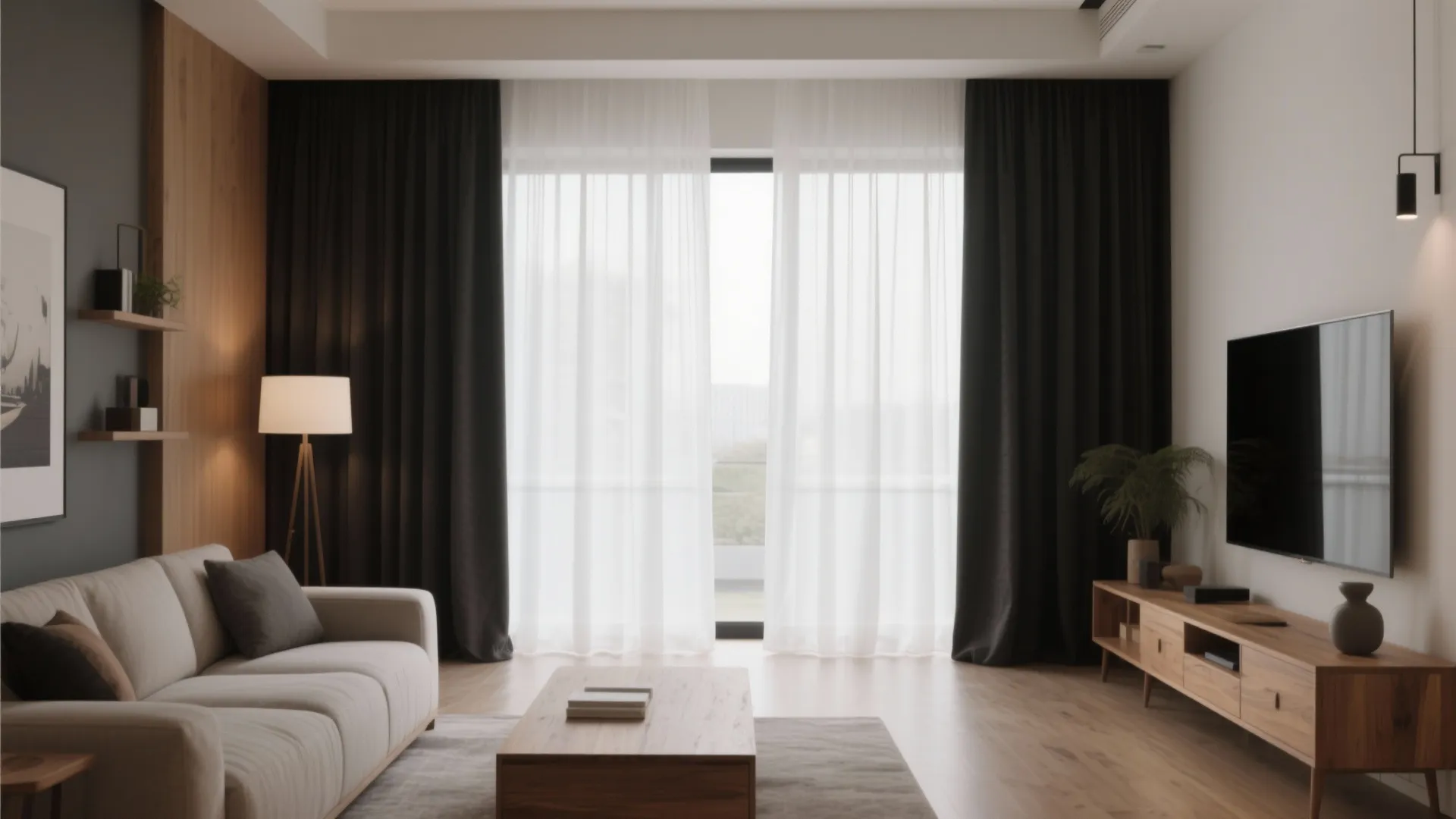 Modern living room with dark curtains white sheer fabric wooden floor sofa and floor lamp