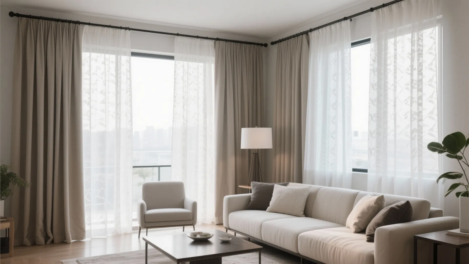 Modern living room with layered beige and white curtains white sofa armchair and wood floor