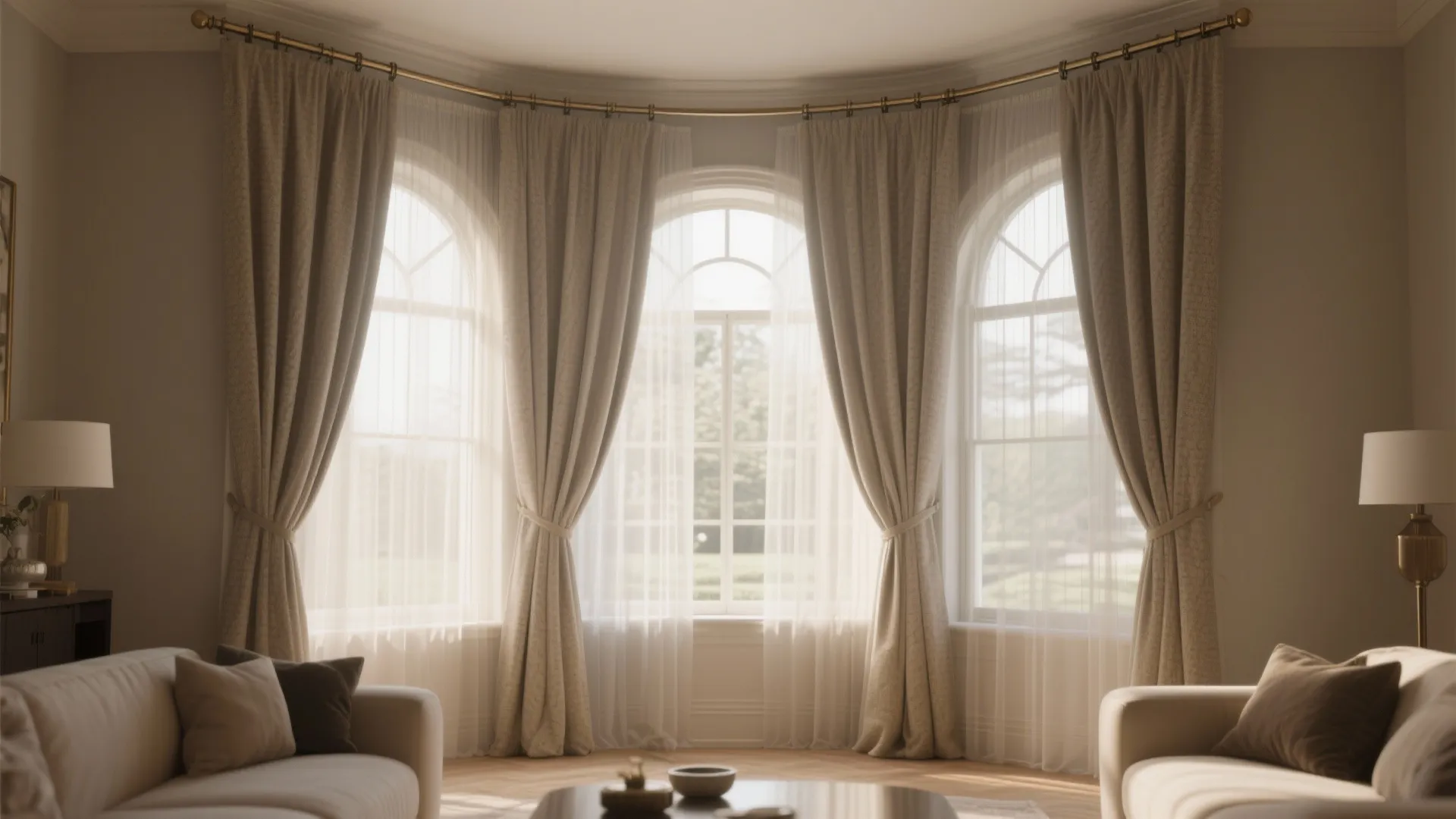 Elegant beige curtains on curved bay window with white sheers light sofa and floor lamps