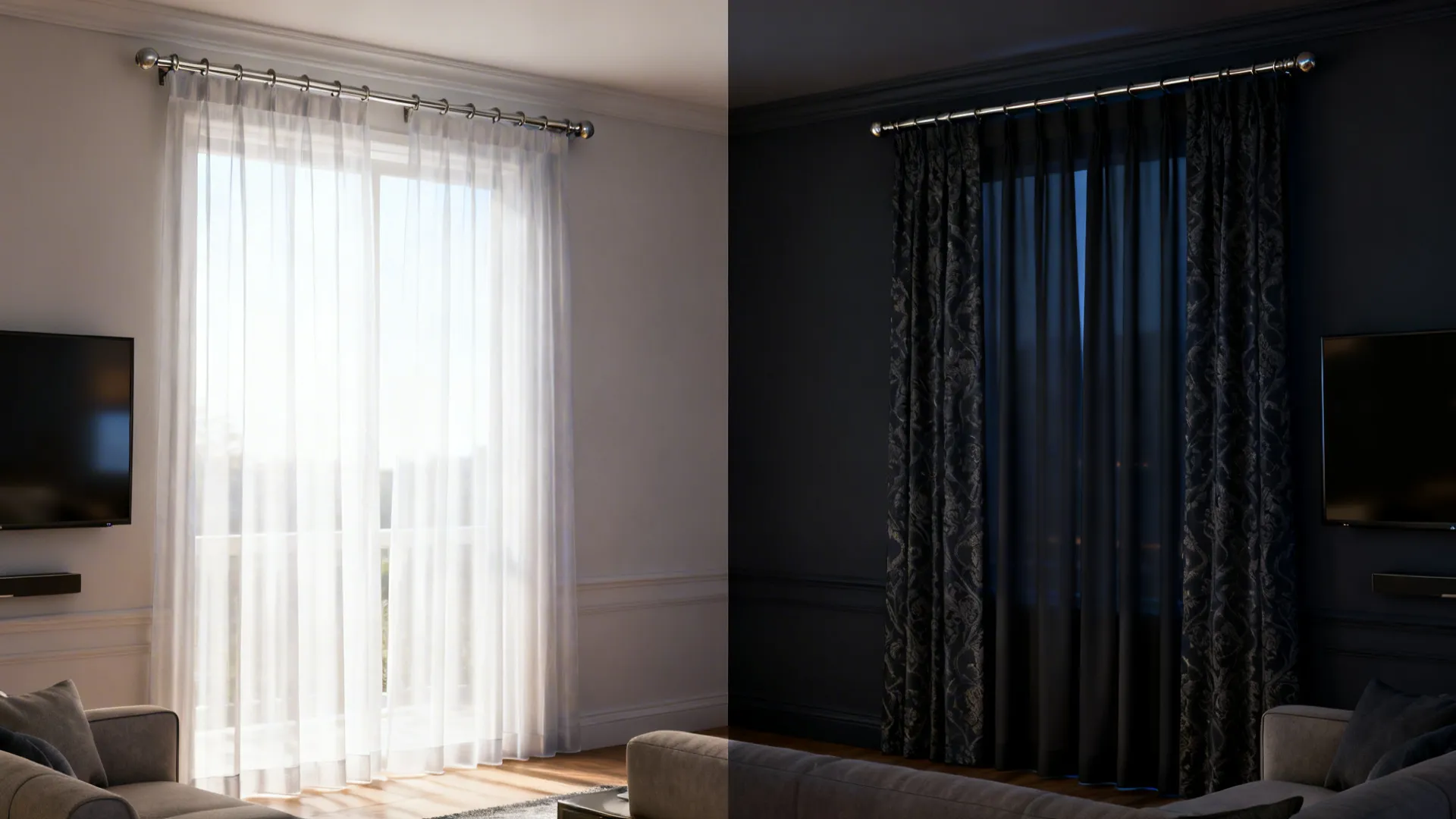 Before-and-after showing sheers only versus layered blackout and decorative drapes for light control.