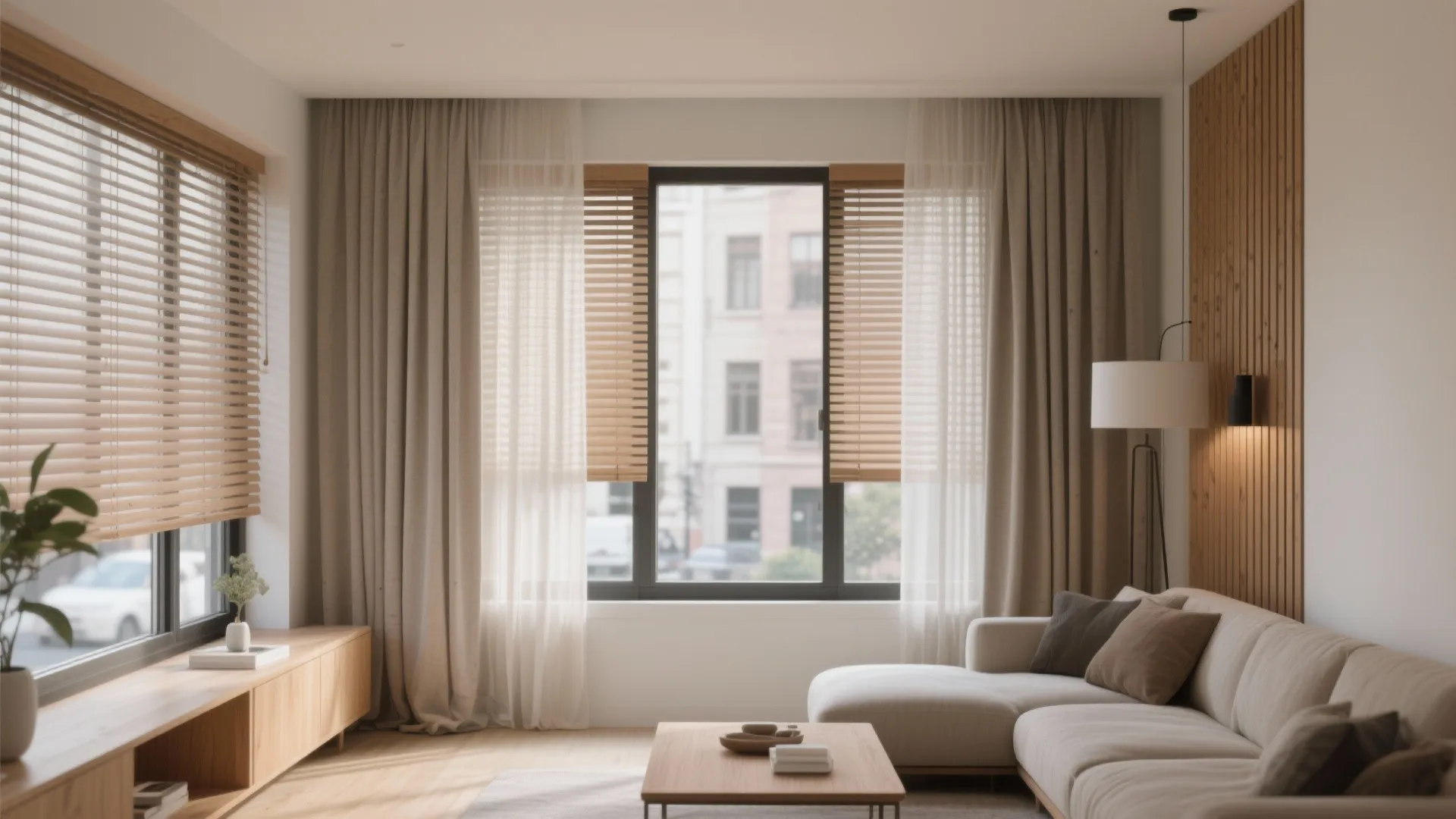 Living room with layered curtains over slim wooden blinds
