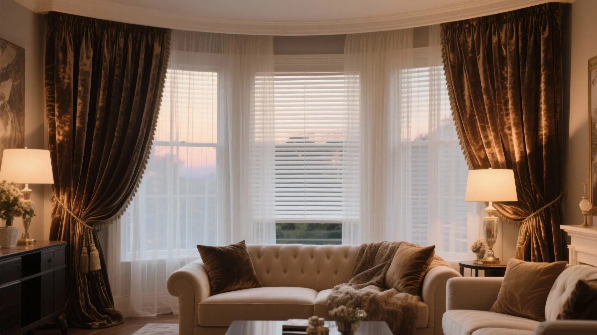 Living room with sheer blinds layered behind velvet curtains