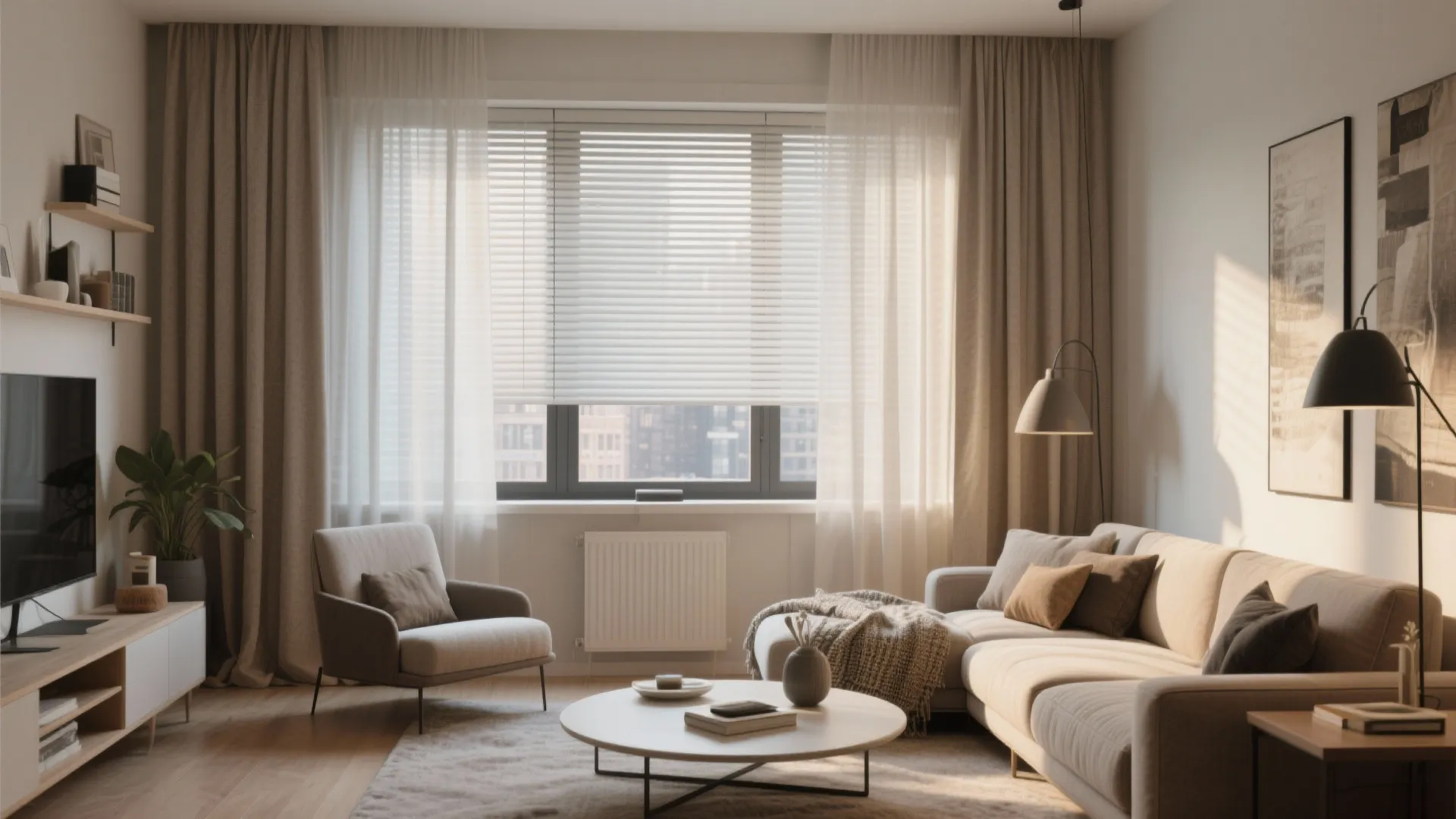 Modern living room with neutral curtains blinds grey sofa round coffee table and floor lamp